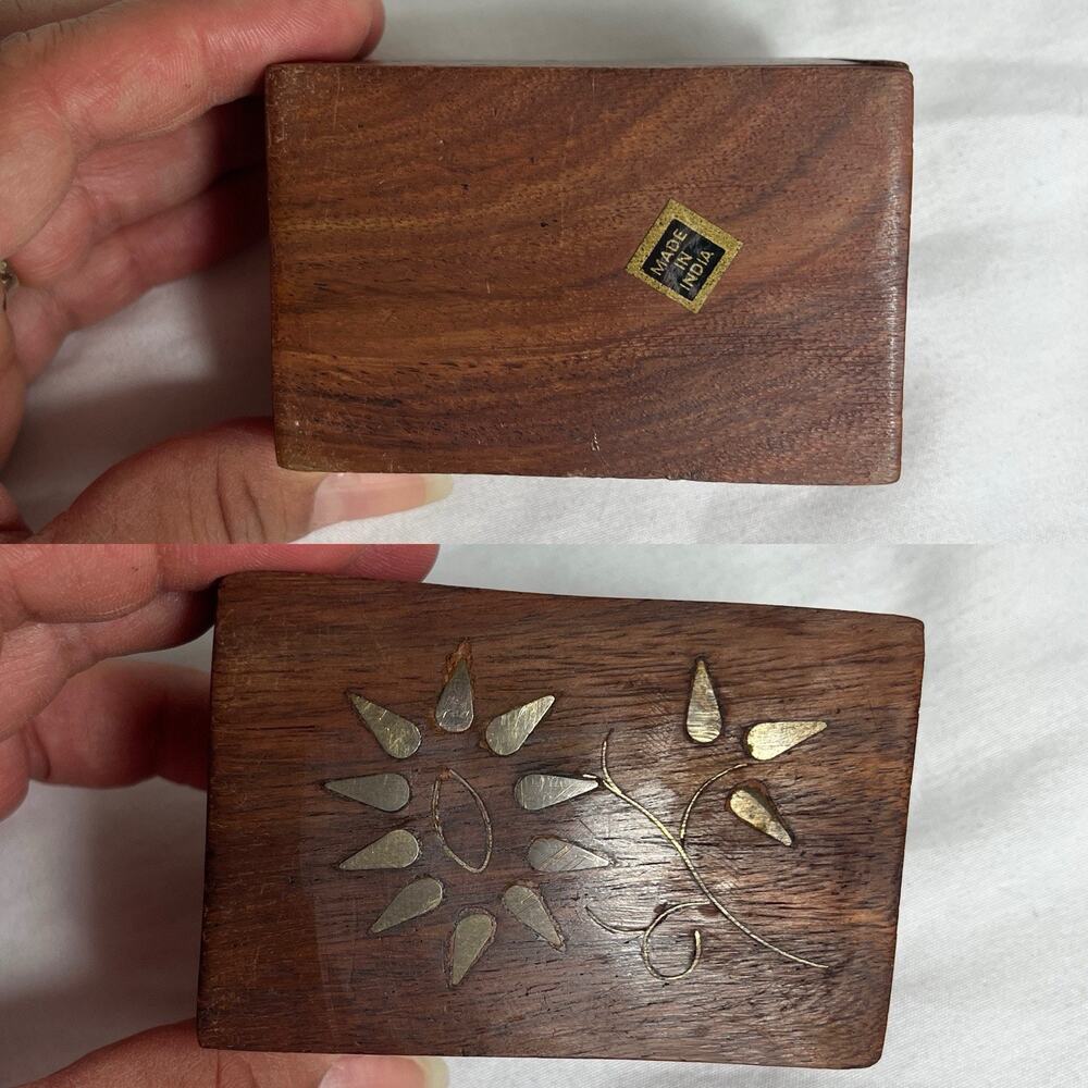 Mini Trinket Wooden Box With Brass Flower Insert On Lid, made in India.